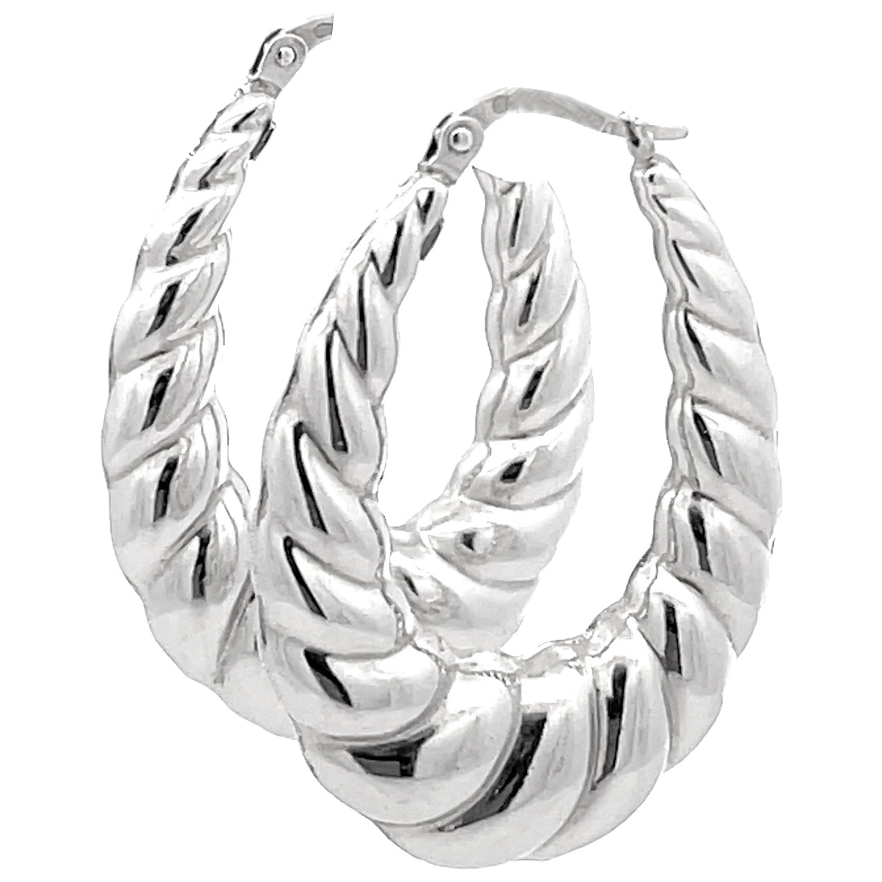 Scalloped Oval Hoop Earrings in 18k White Gold For Sale