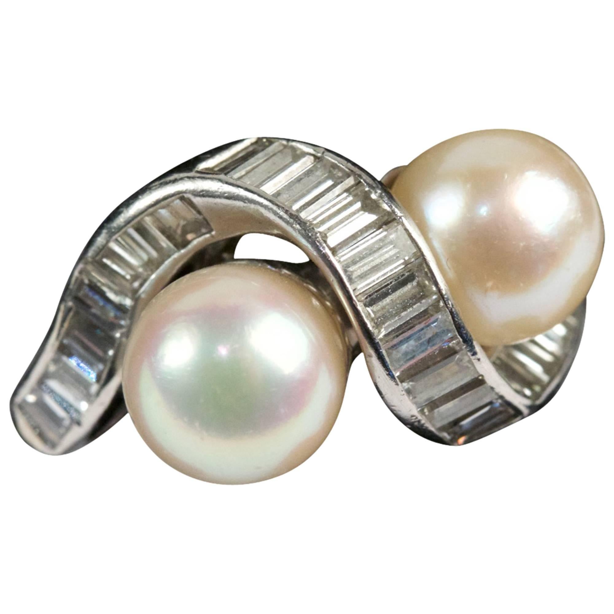 1960s Pearl Baguette Diamonds Platinum Ring For Sale