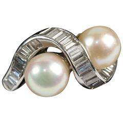 1960s Pearl Baguette Diamonds Platinum Ring