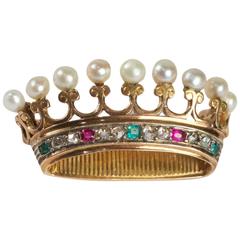 Antique 19th Century Ruby Emerald Pearl Diamond Gold Crown Brooch