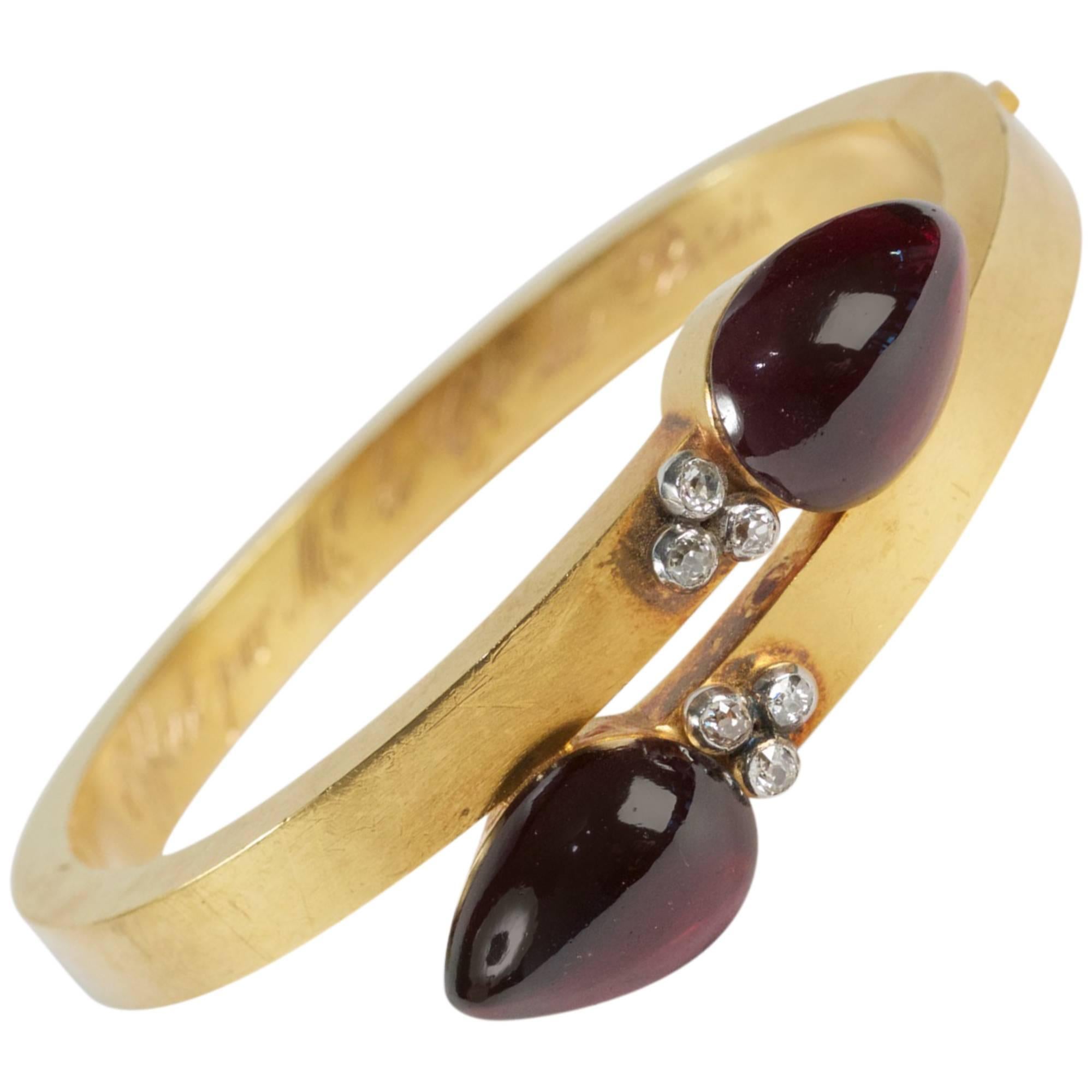 19th Century French Garnet Diamonds Gold Bangle Bracelet