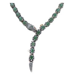 Emeralds, Green Stones, Diamonds, Rose Gold and Silver Retro Snake Necklace