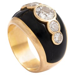 Old Mine Cut Diamond Onyx Yellow Gold 18k Ring