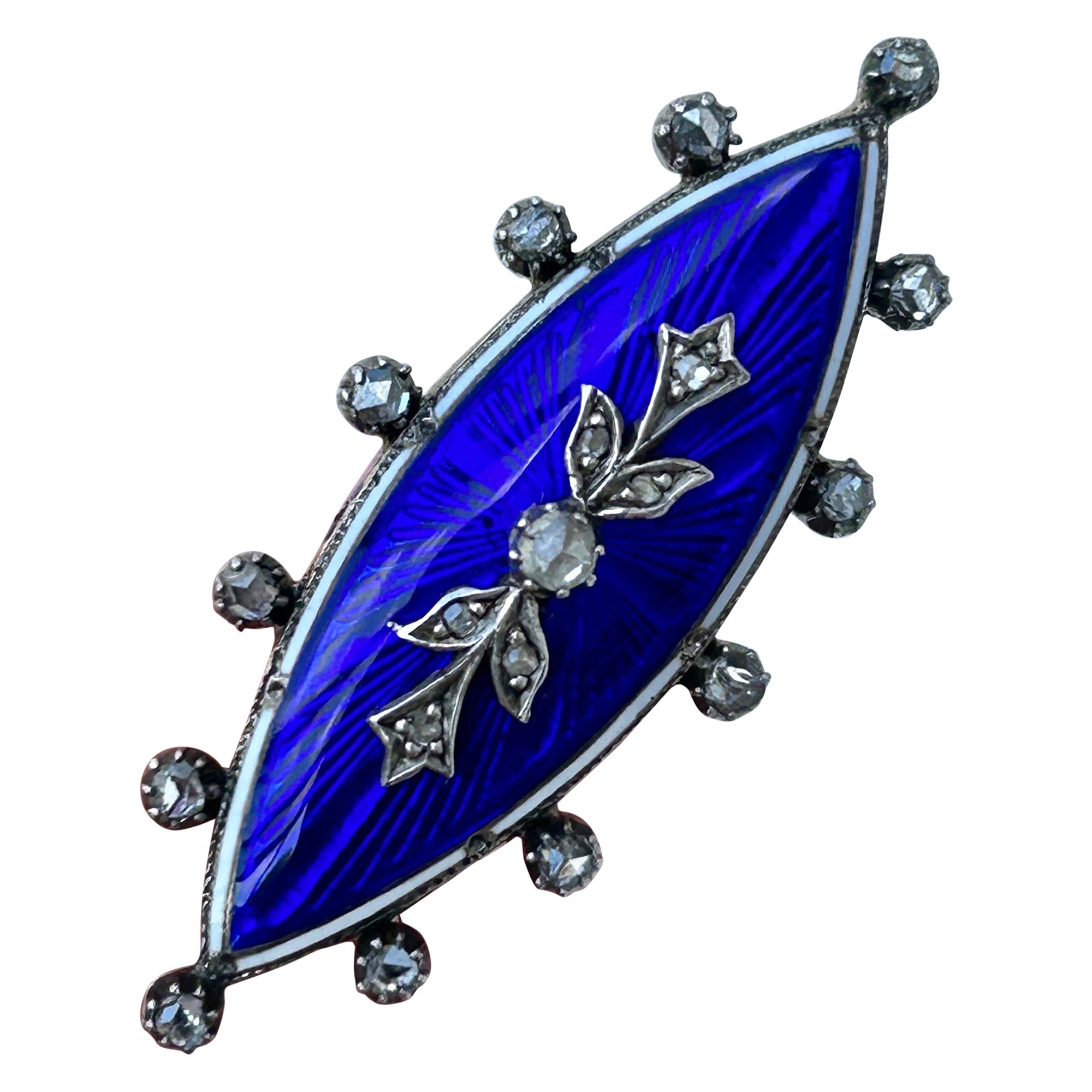Antique C.1860 Blue Enamel and Rose Cut Diamond Navette Shaped Brooch in Gold
