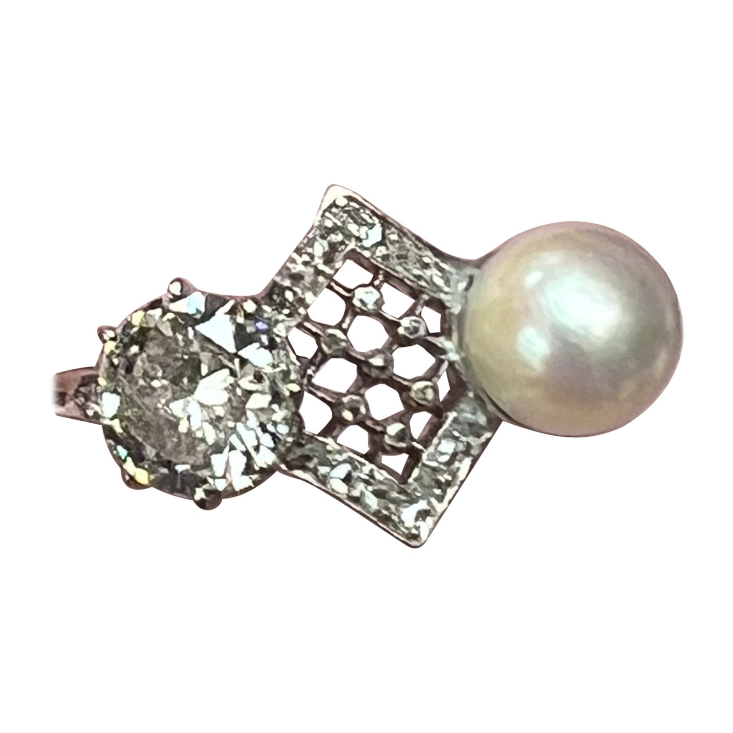 Antique Edwardian Old Cut Diamond and Natural Pearl Ring