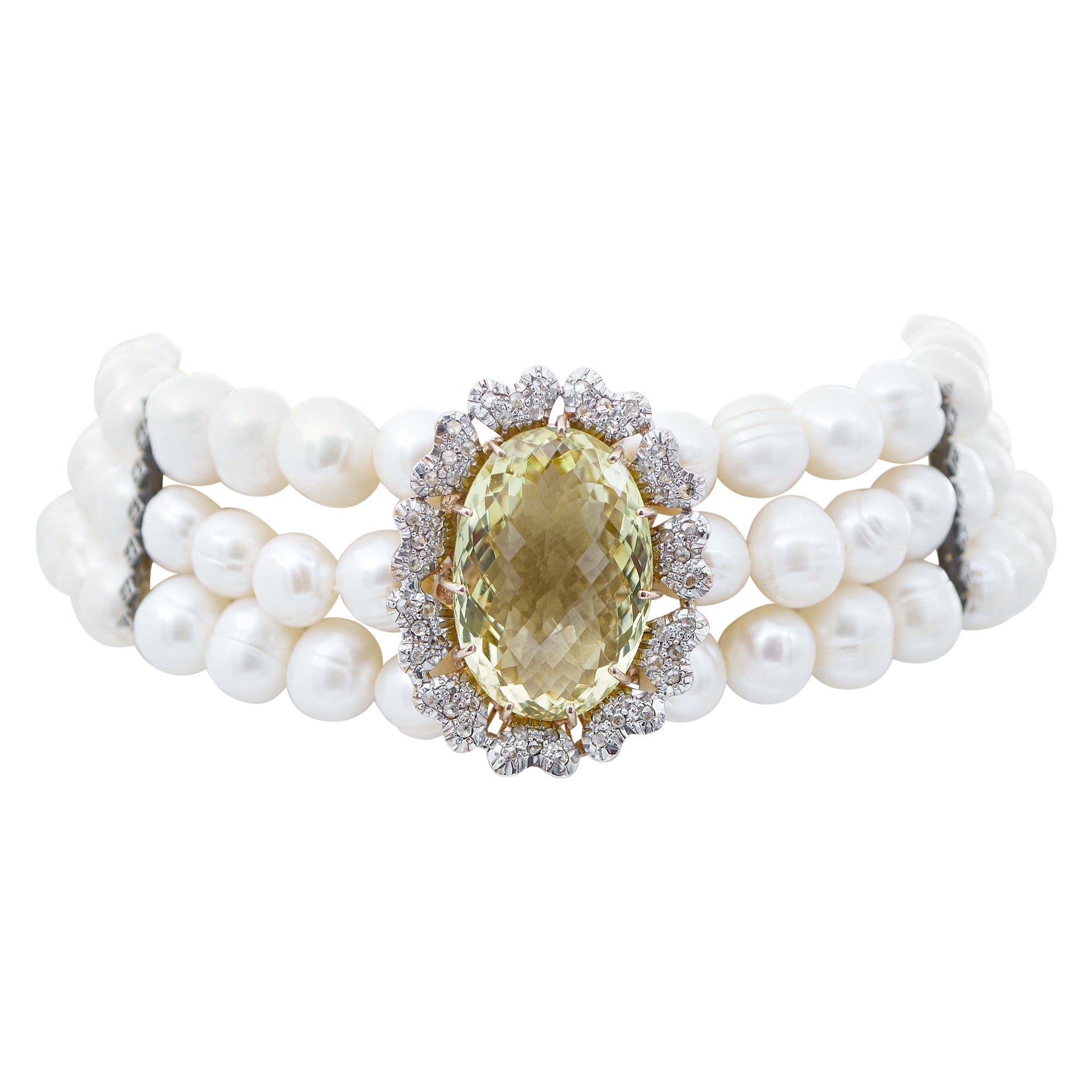 Choker-Halskette aus Roségold und Silber mit Perlen, Topas, Diamanten im Angebot