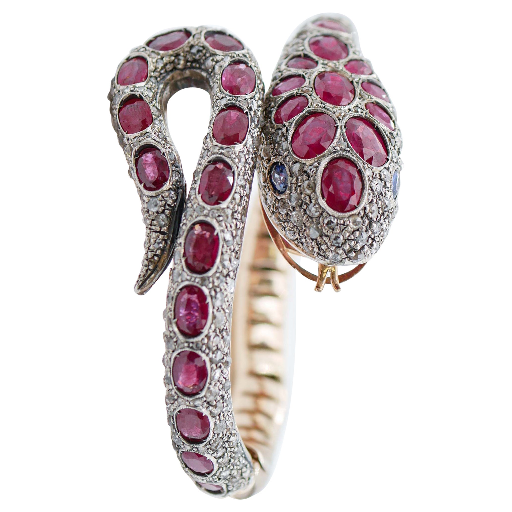 Rubies, Diamonds, Rose Gold and Silver Snake Bracelet For Sale