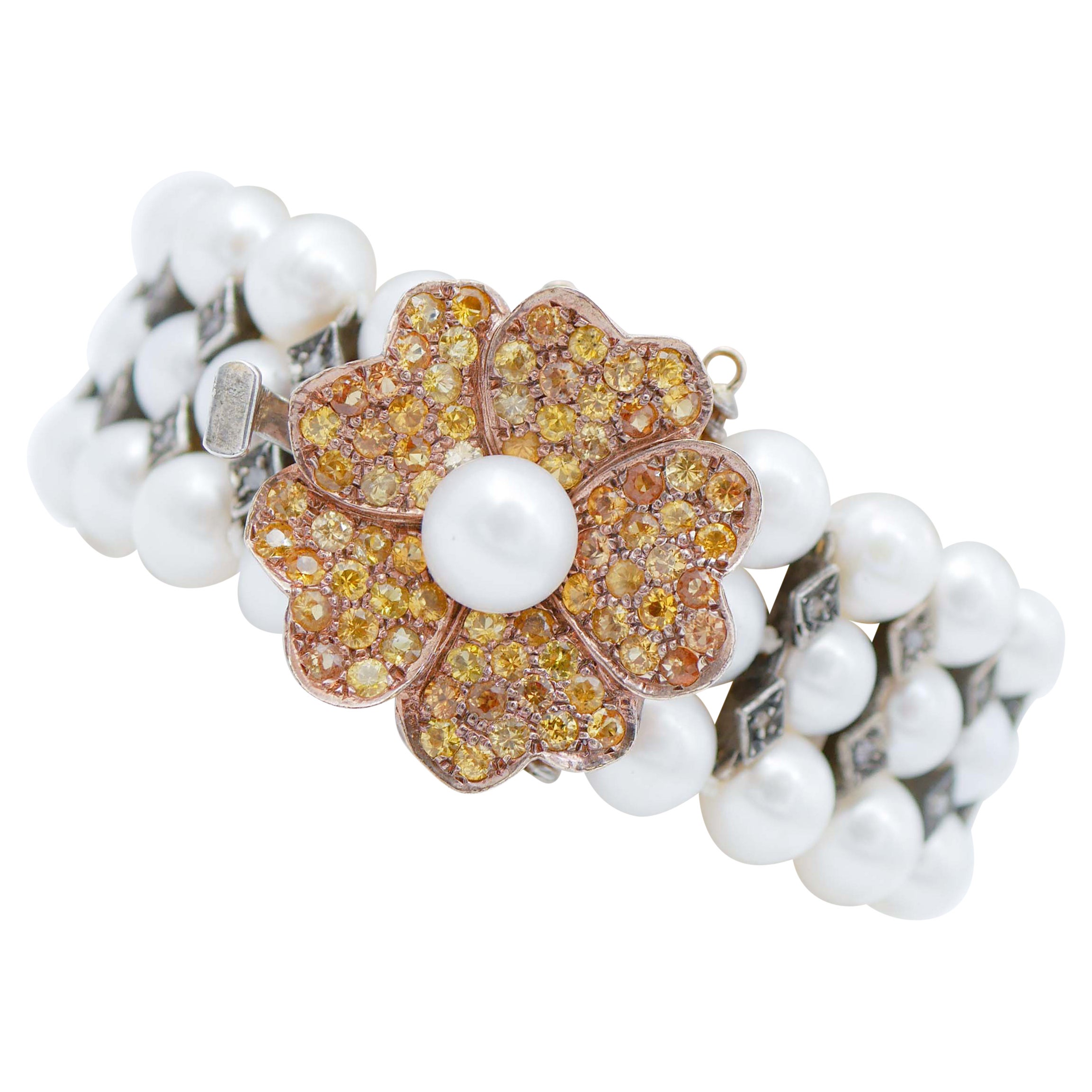 Pearls, Yellow Sapphires, Diamonds, Rose Gold and Silver Bracelet