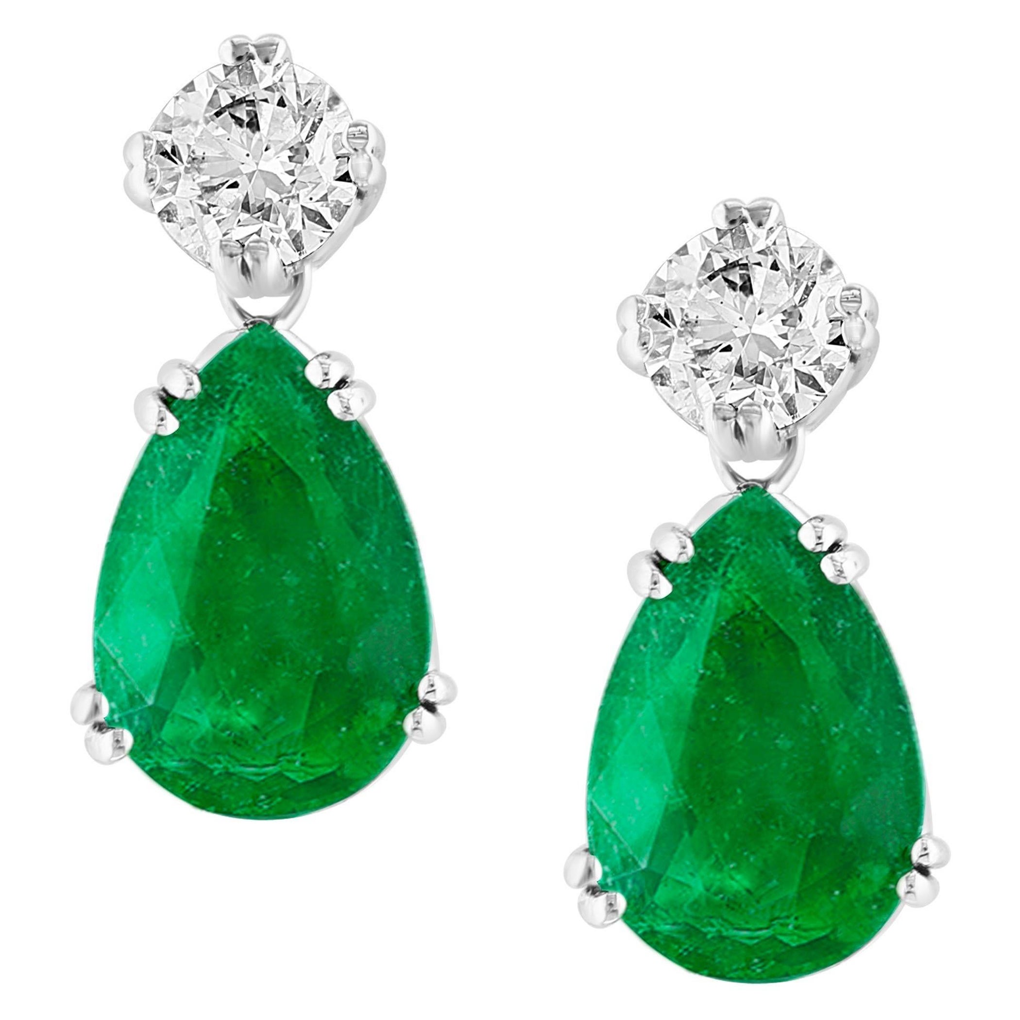 GIA Certified 11 Ct Pear Cut COLOMBIAN Emerald & 1 Ct Each Diamond Drop Earrings For Sale