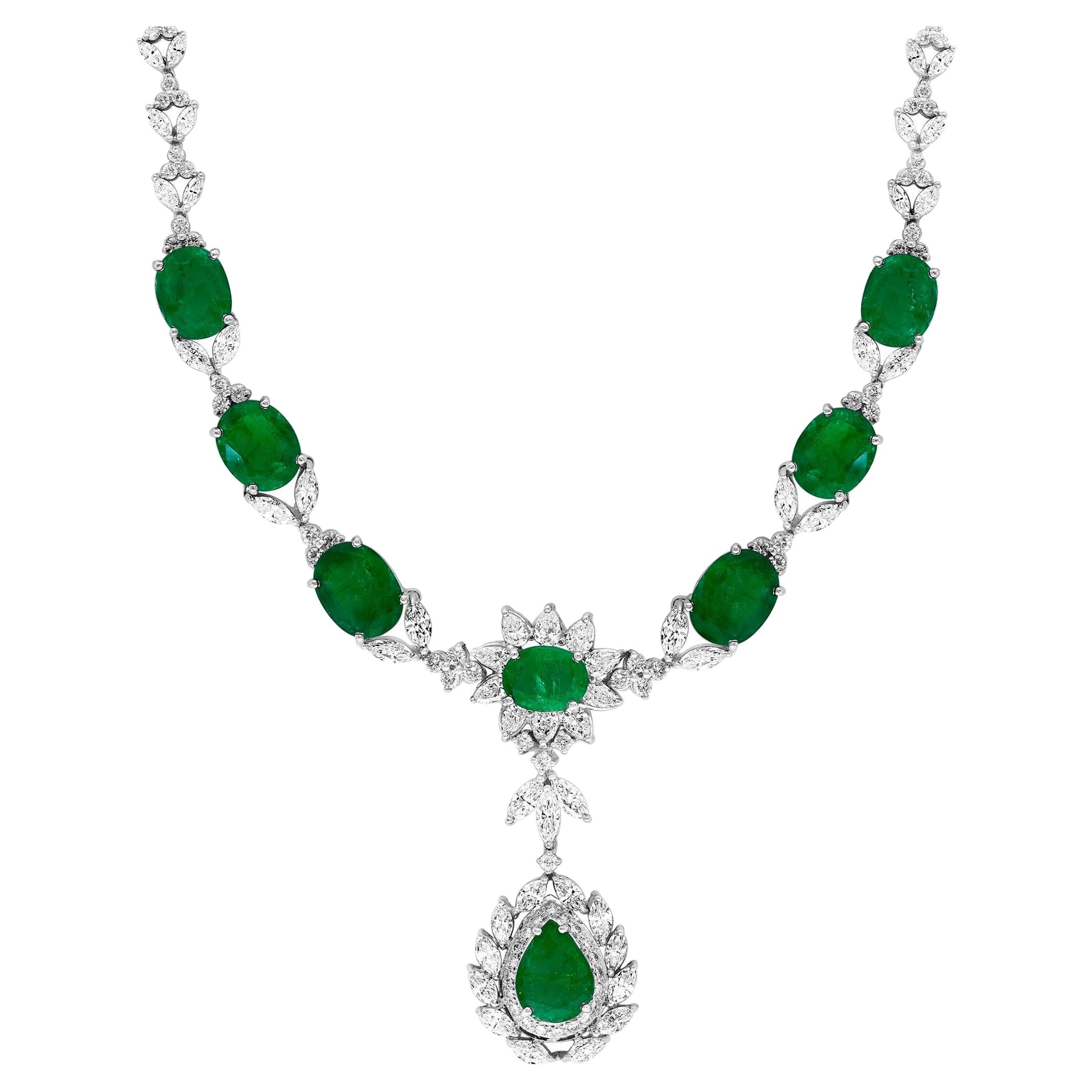 GIA Certified 56 Ct Zambian Emerald & 38 Ct Diamond Fringe Necklace 18KWG Bridal For Sale