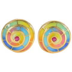 1960s Enamel Ruby Gold Spiral Design Earrings 11