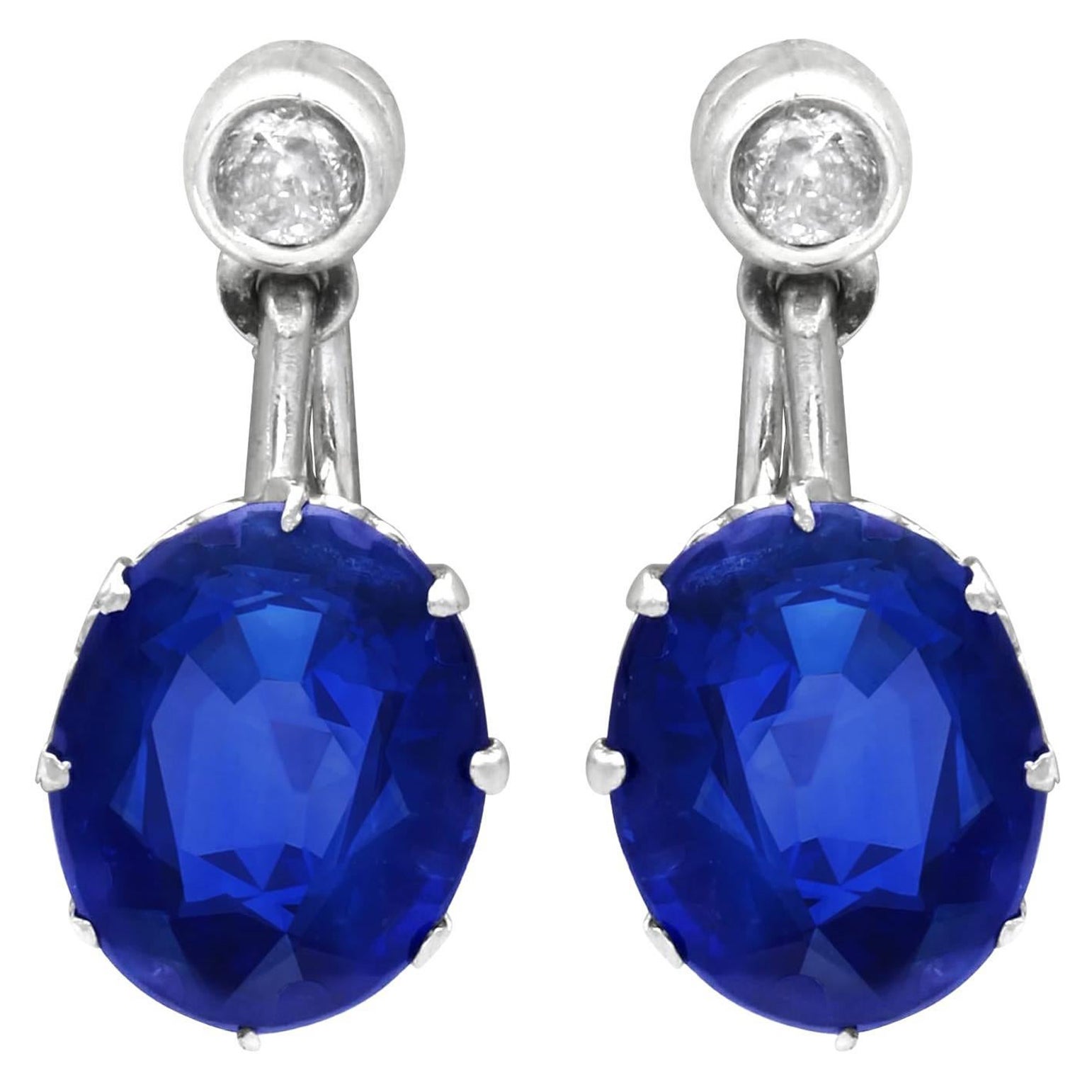 Antique 5.50 Carat Sapphire and Diamond 9k White Gold Drop Earrings