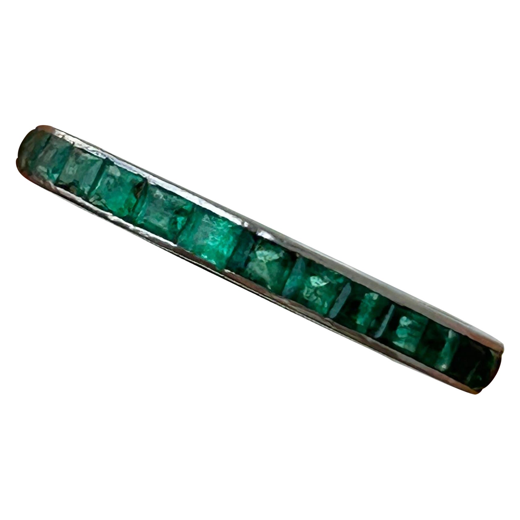 Antique Platinum Engraved Emerald Full Eternity Band Ring 