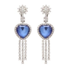 Heart Tanzanite Gemstone Dangle Earrings Diamond 18 Karat White Gold Jewelry
