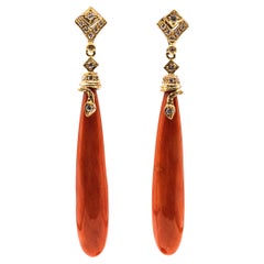 Art Deco Mediterranean Red Coral White Diamond Yellow Gold "Snake" Earrings