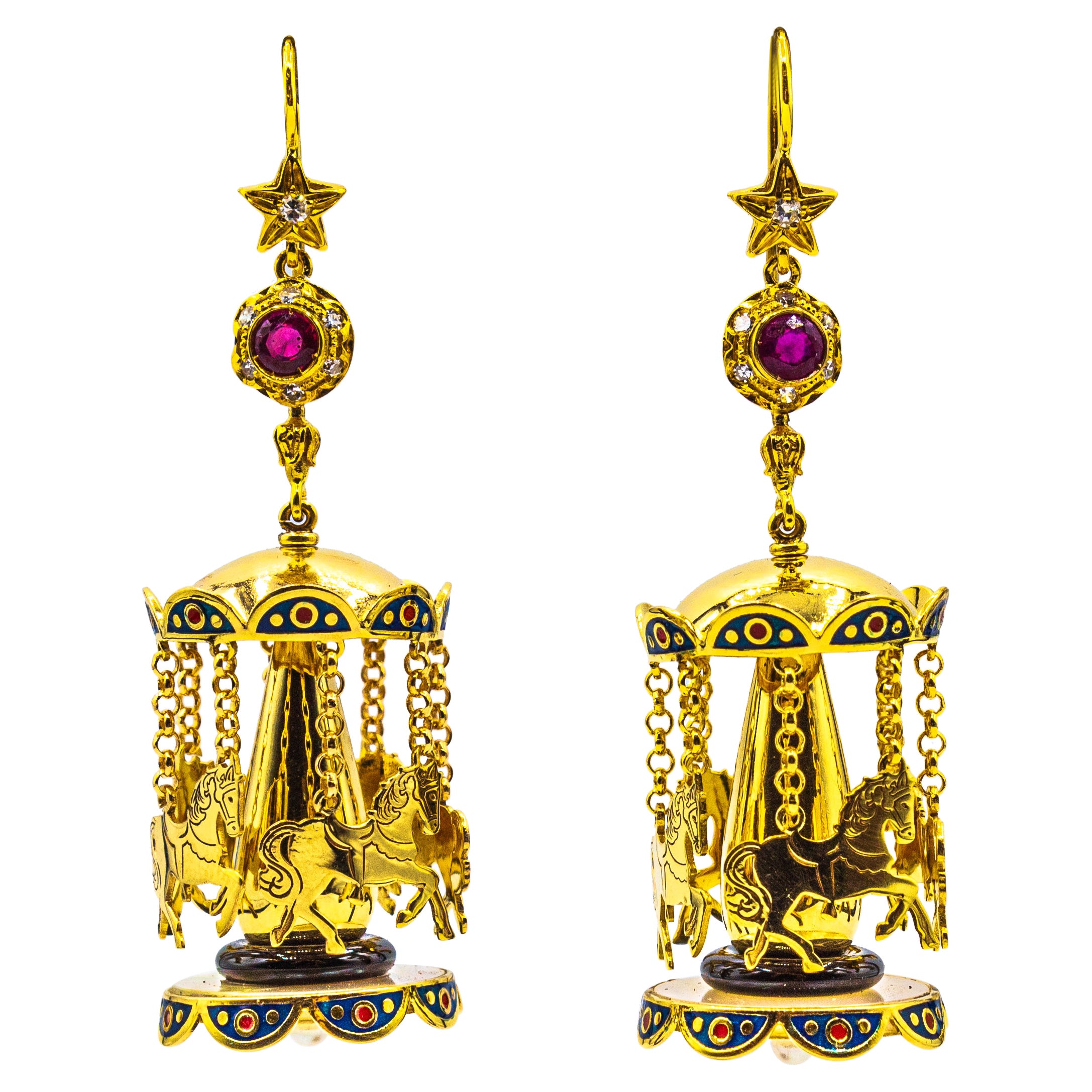 White Diamond Ruby Onyx Pearl Enamel Yellow Gold Stud "Carousel" Earrings