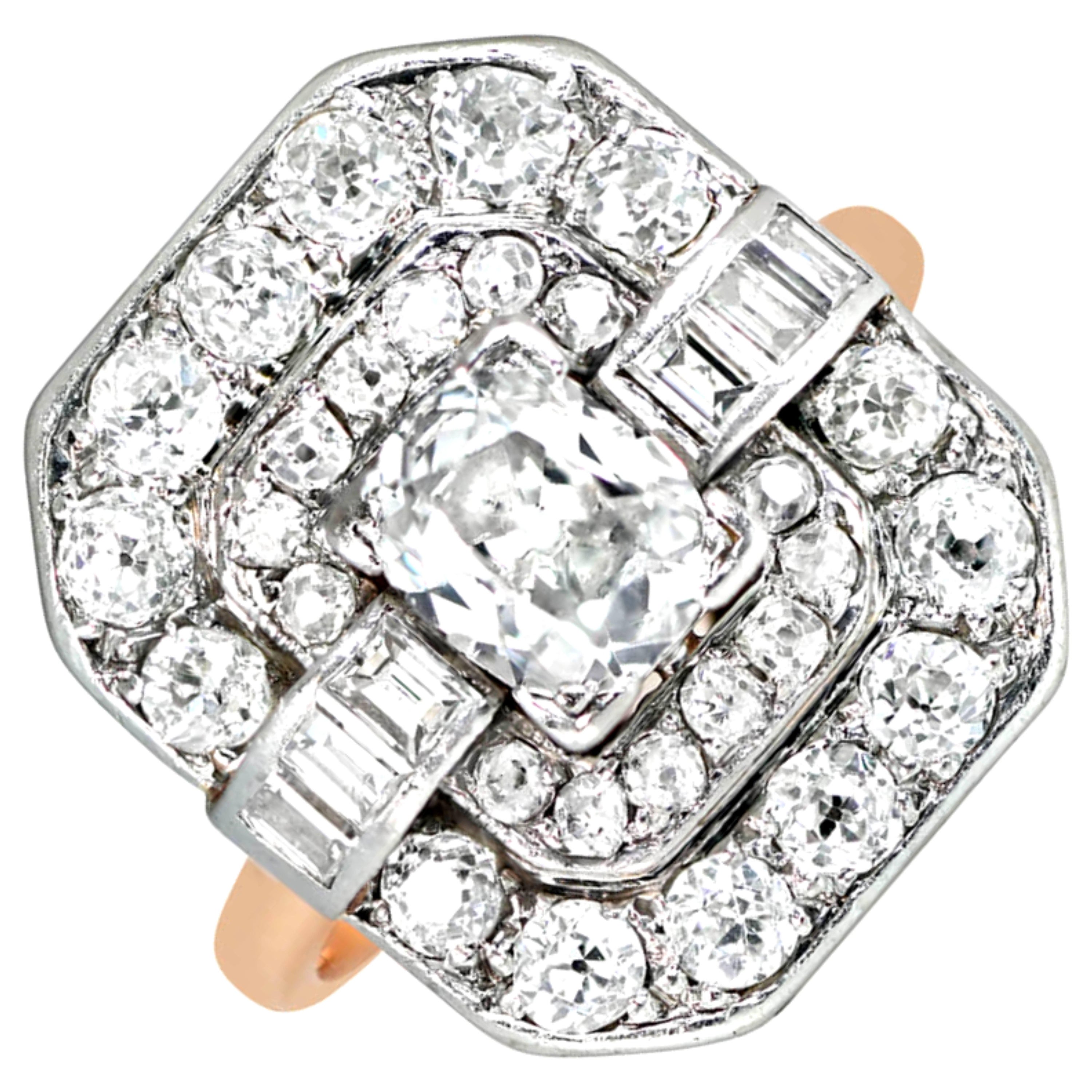 Art Deco 0.80ct Cushion-Cut Diamond Engagement Ring, I Color, Diamond Halo, 18k