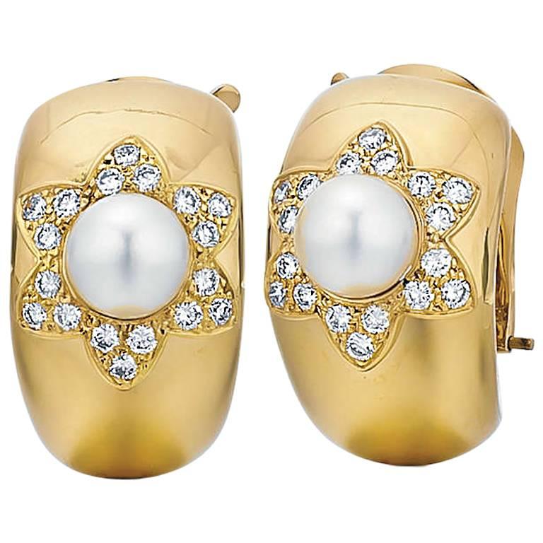 Van Cleef & Arpels 18K Gold Cultured Pearl and Diamond Earrings