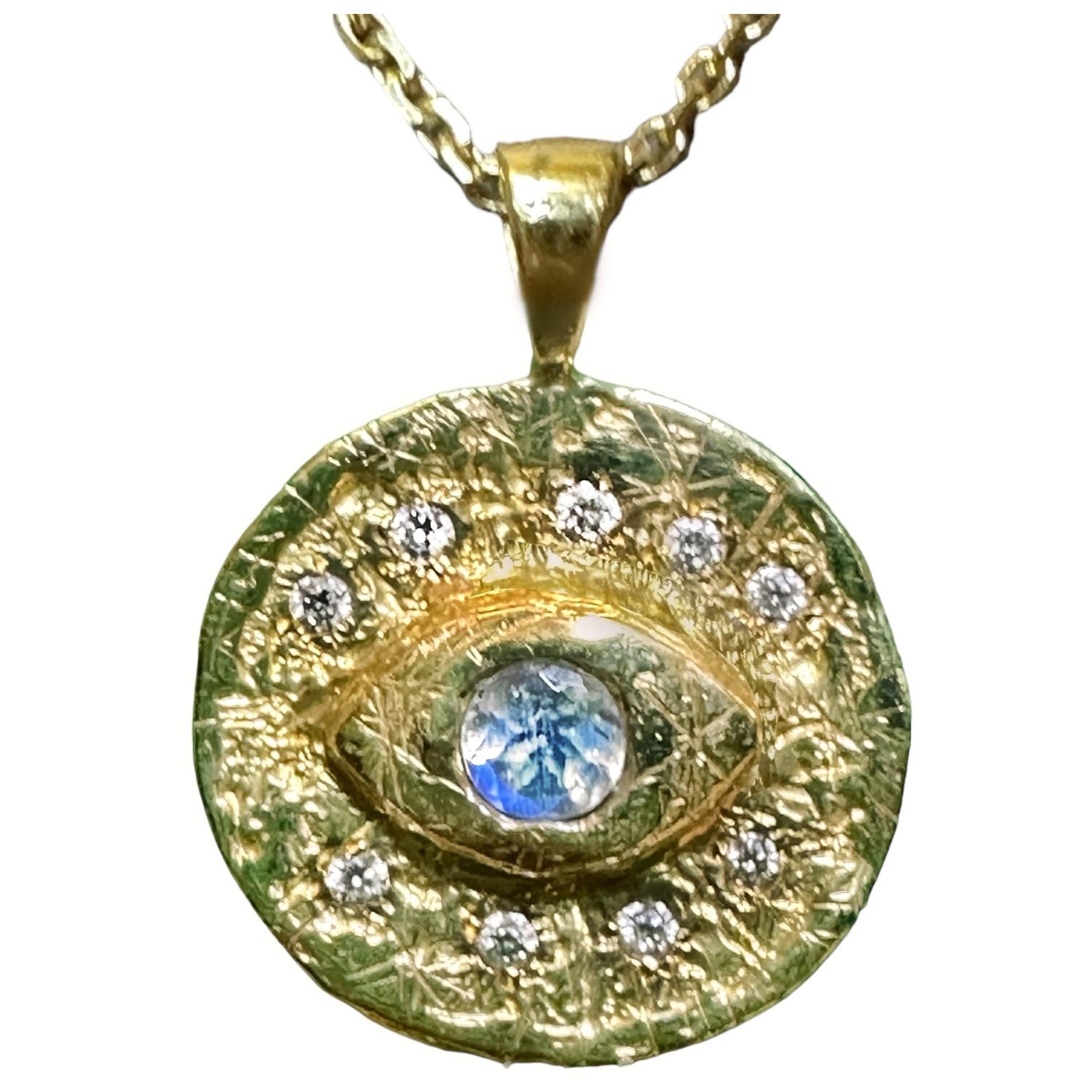 Evil Eye Coin Moonstone Pendant Necklace with Diamonds in gold and in stock