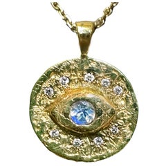 18k Yellow Gold Evil Eye Coin Pendant Necklace with Diamonds and a Moonstone