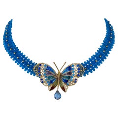 Marina J. Centre de table papillons multicolore tissé en topaze bleue et émail de Londres 14 carats