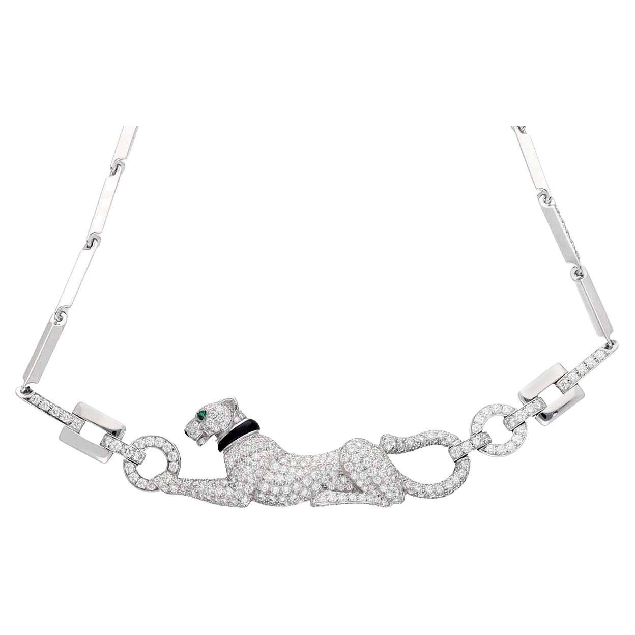 Cartier Panthere Diamond Emerald Onyx 18K White Gold Necklace