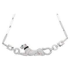 Cartier Panthere Diamond Emerald Onyx 18K White Gold Necklace