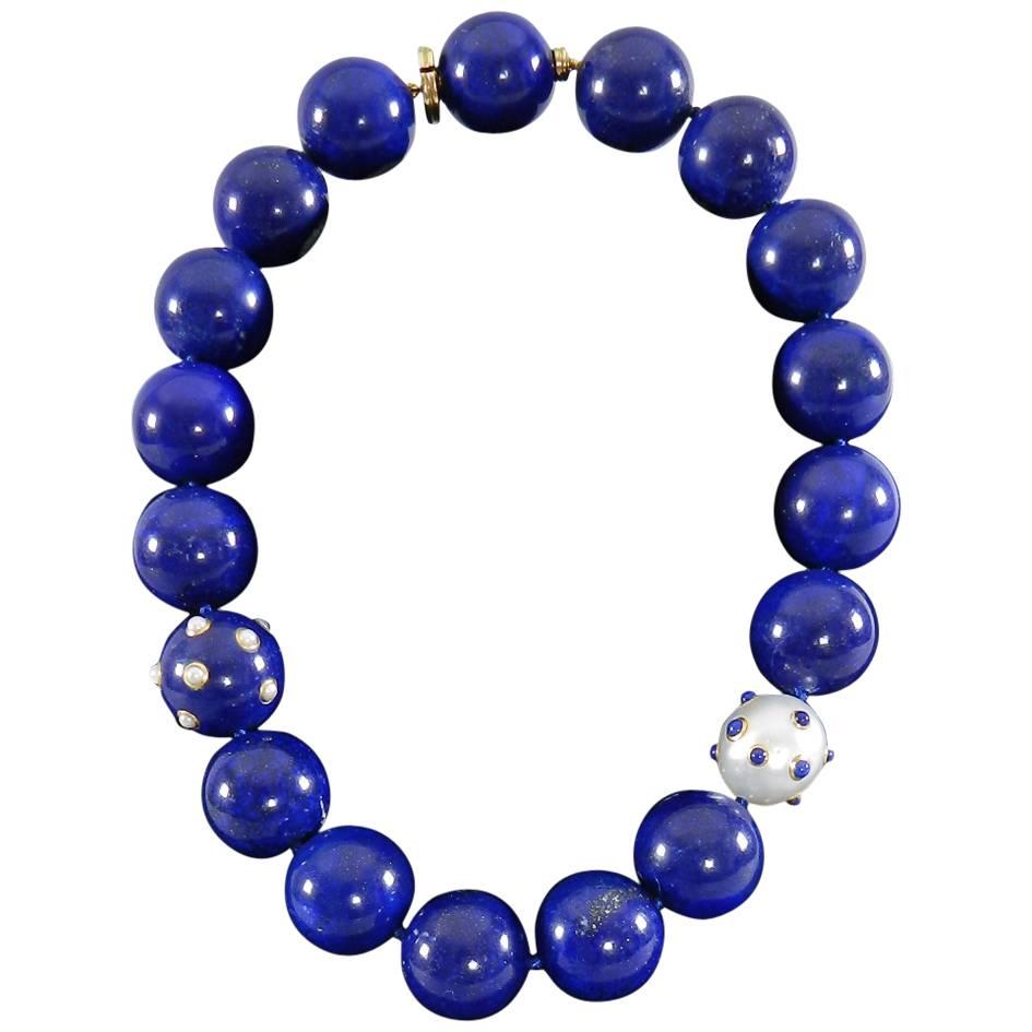 Angela Cummings Lapis Lazuli Pearl Gold Beaded Necklace with Verdura Beads