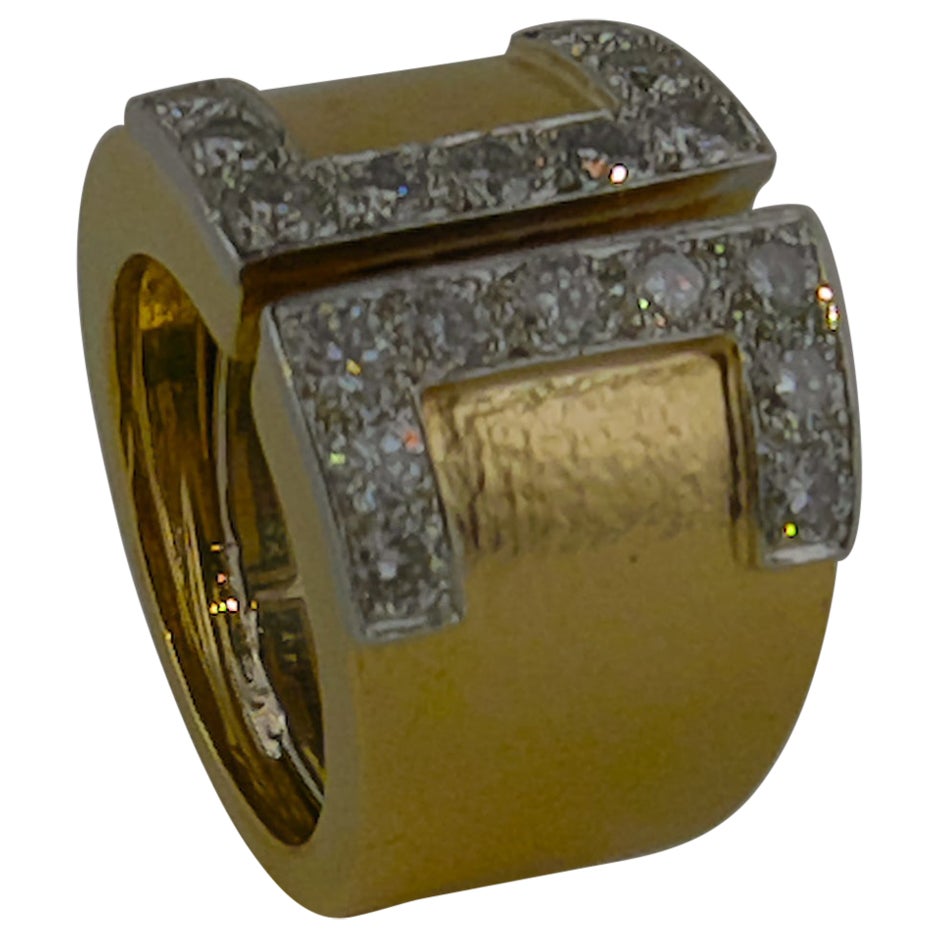 1970s David Webb Yellow Gold, Platinum and Diamond Band Ring For Sale