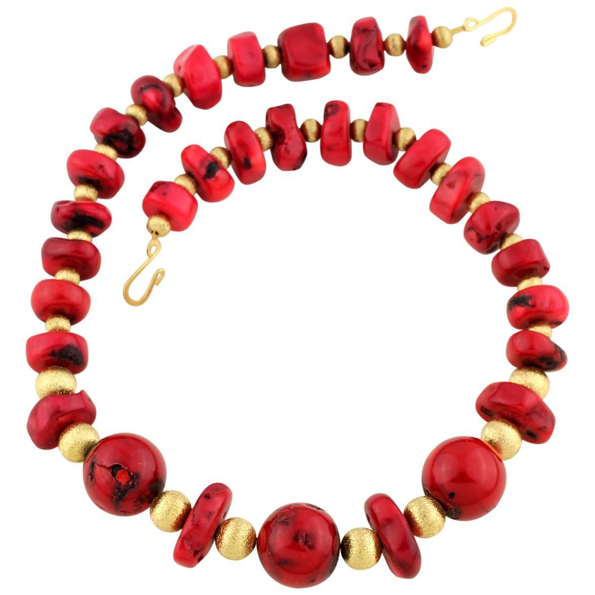 Chunks and Round Chinese Dyed Bamboo Coral Necklace
