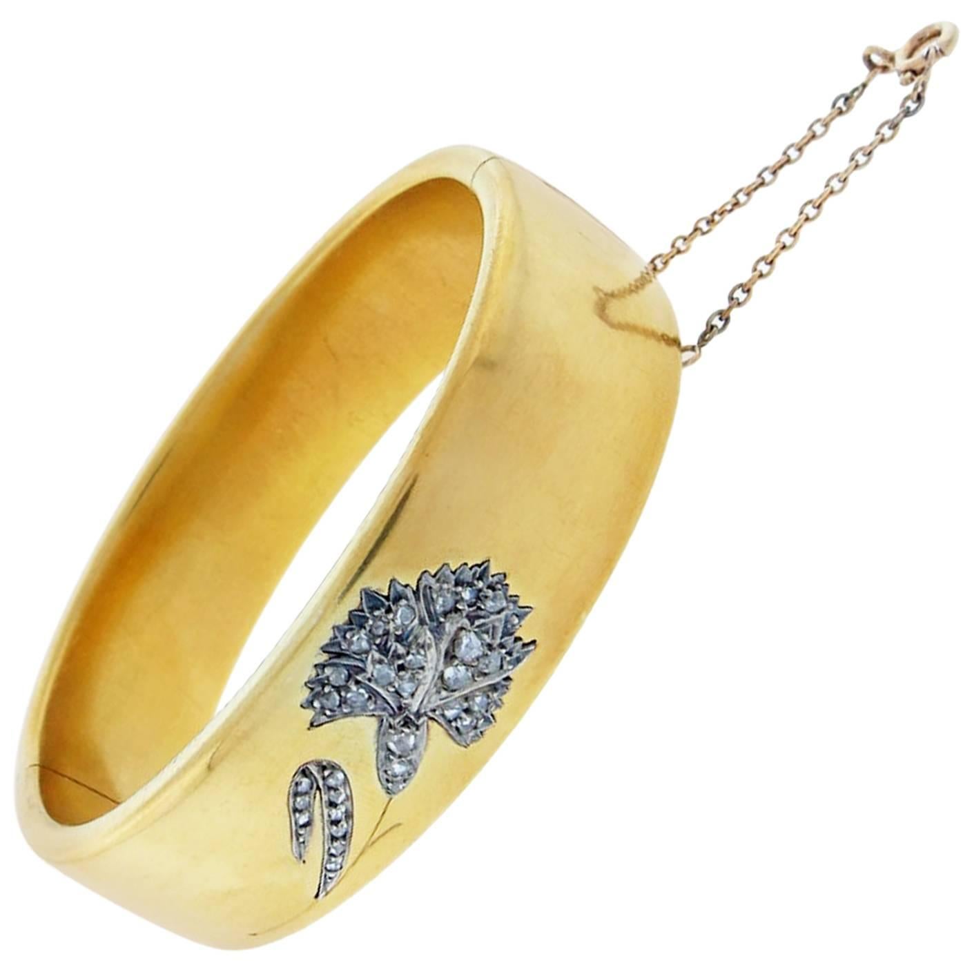  Elegant French Rose Cut Diamond Gold Carnation Bracelet