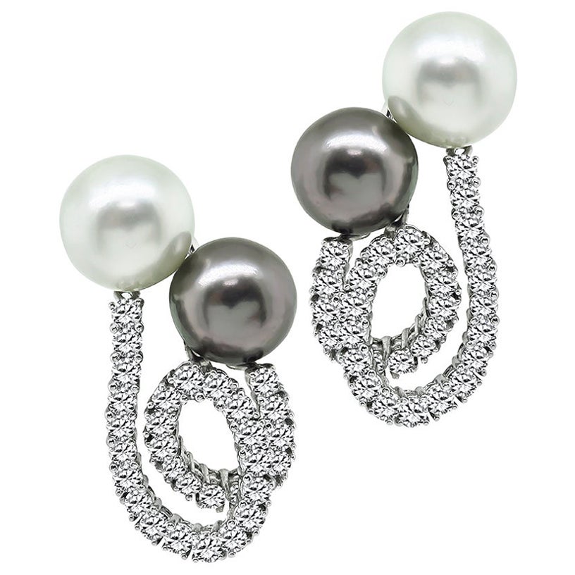 3.70 Carat Diamond South Sea Pearl Earrings For Sale