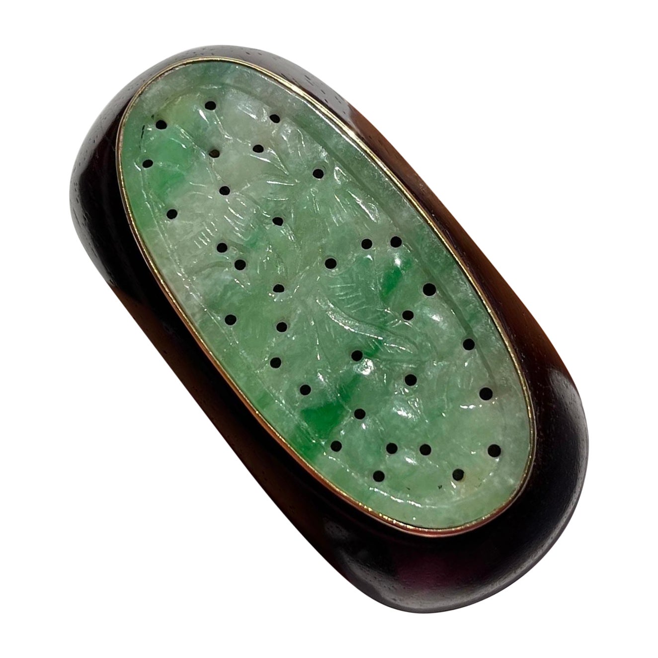 Ovales handgeschnitztes Jade-Manschettenarmband aus Holz 18 Karat Gelbgold im Angebot