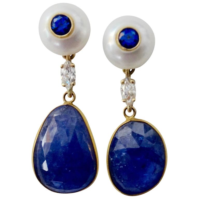 Tanzanite Slice Button Pearl Blue Sapphire Diamond Drop Earrings For Sale at 1stdibs