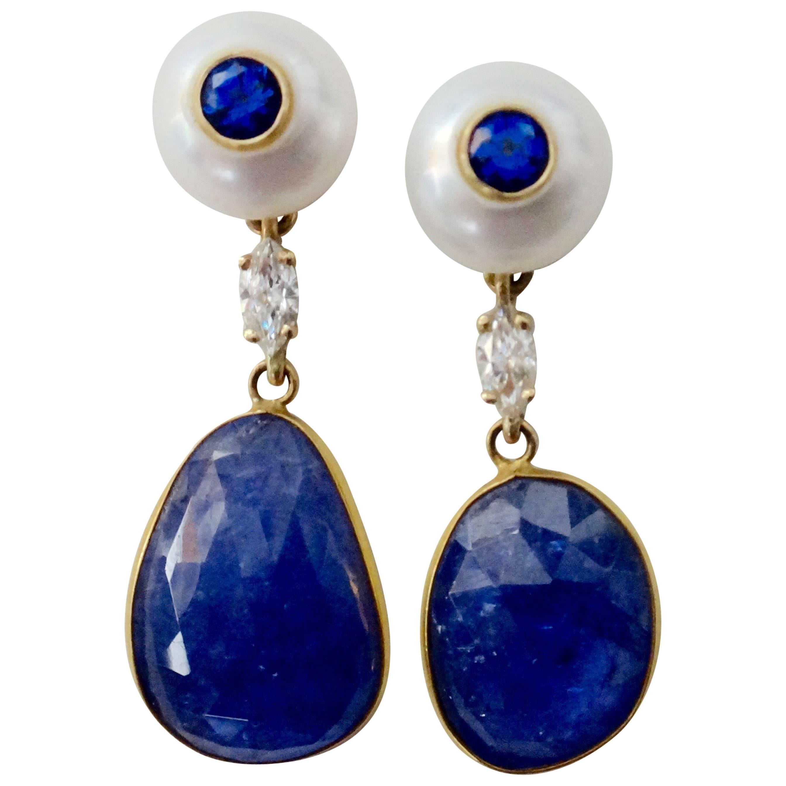 Michael Kneebone Tanzanite Button Pearl Blue Sapphire Diamond Drop Earrings