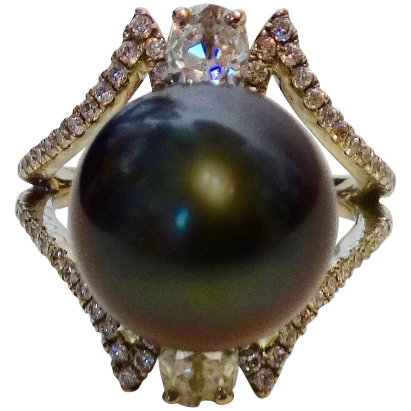Black Tahitian Pearl Diamond White Gold Cocktail Ring