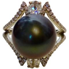 Black Tahitian Pearl Diamond White Gold Cocktail Ring