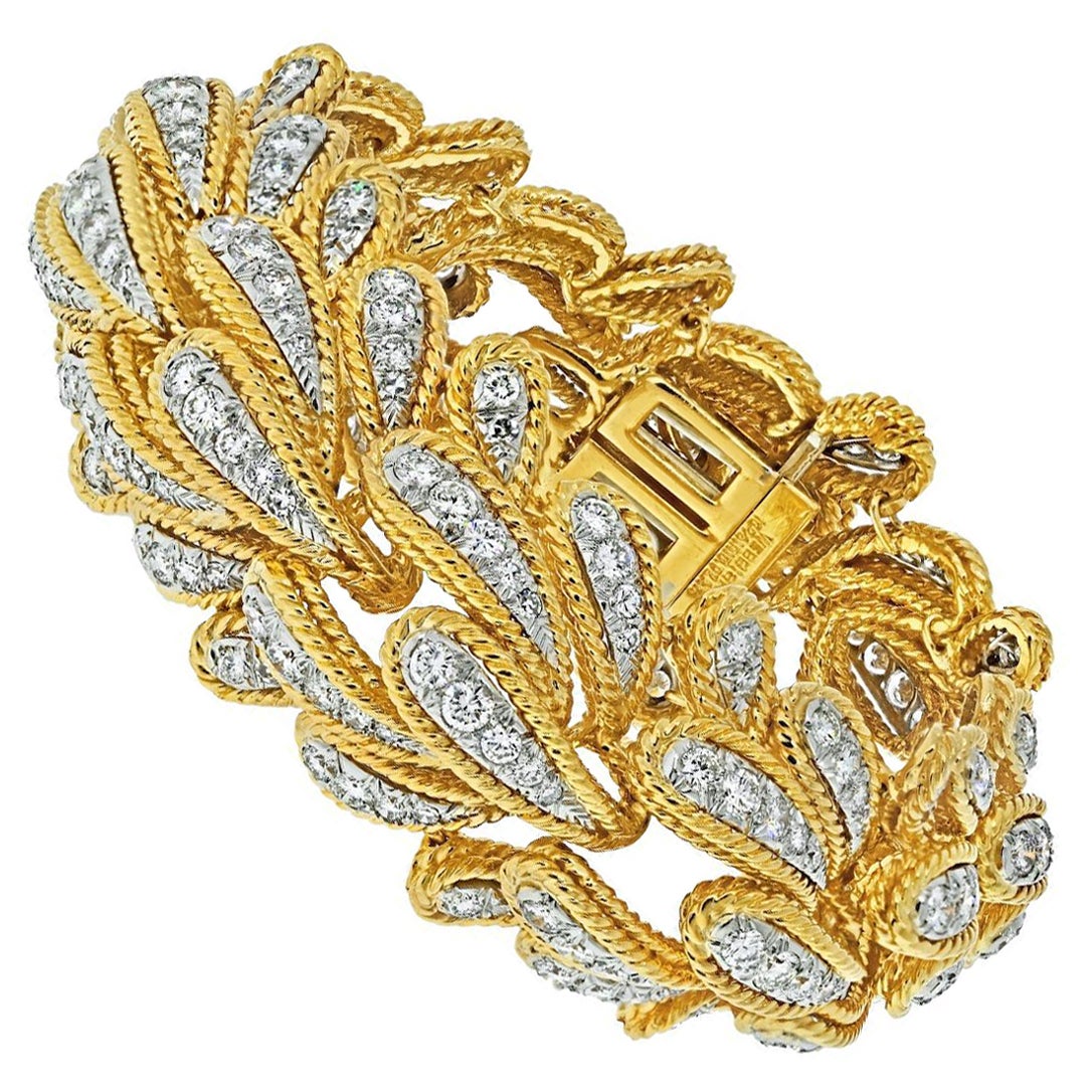 David Webb 18k Yellow Gold and Platinum Diamond Bombe Bracelet For Sale
