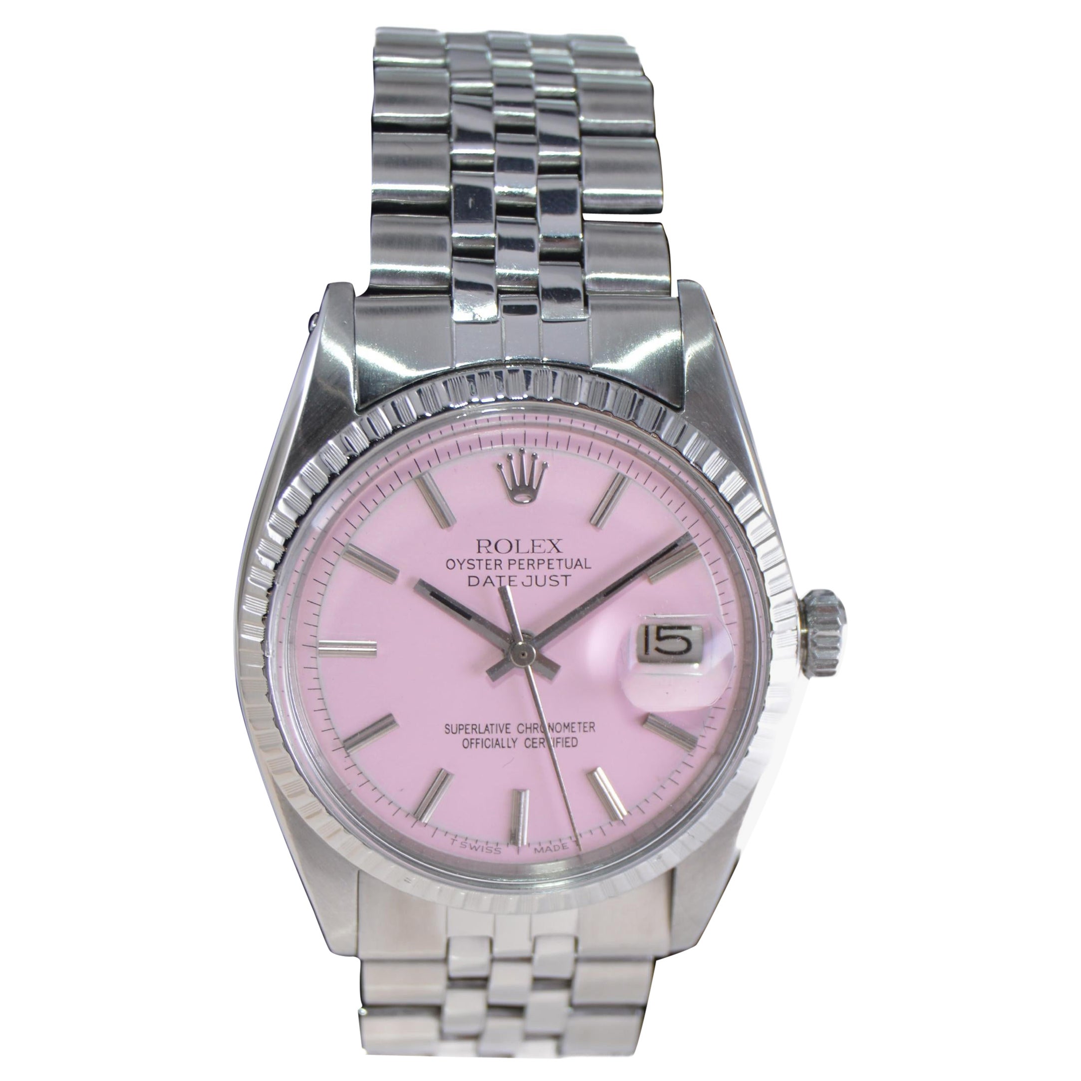 Rolex Montre Datejust en acier avec cadran rose fini sur-mesure, années 1960