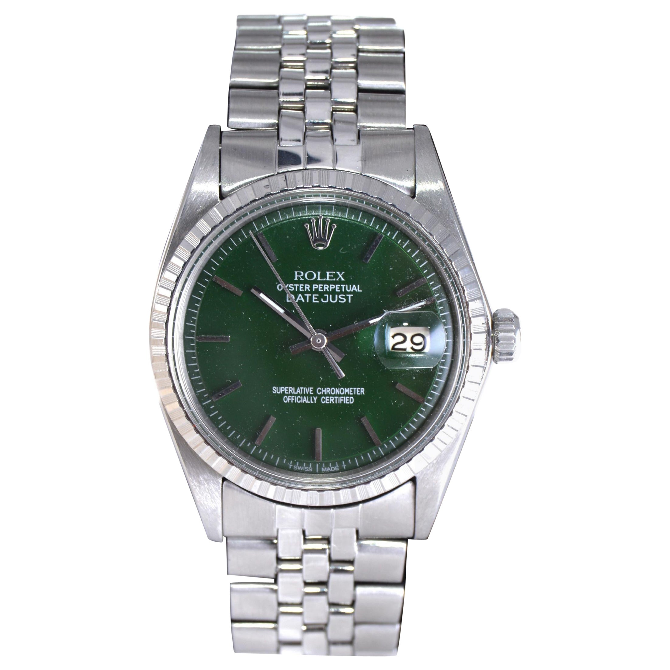 Rolex Stainless Steel Datejust with Custom Finished Green Dial, 1960s For Sale