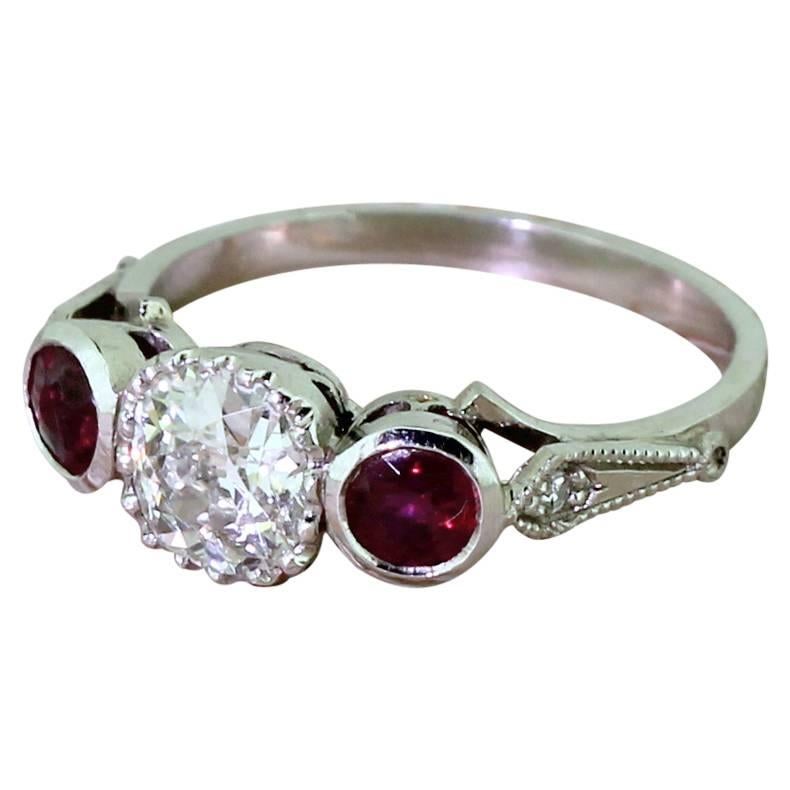 Art Deco 0.75 Carat Old Cut & Ruby Platinum Trilogy Ring For Sale