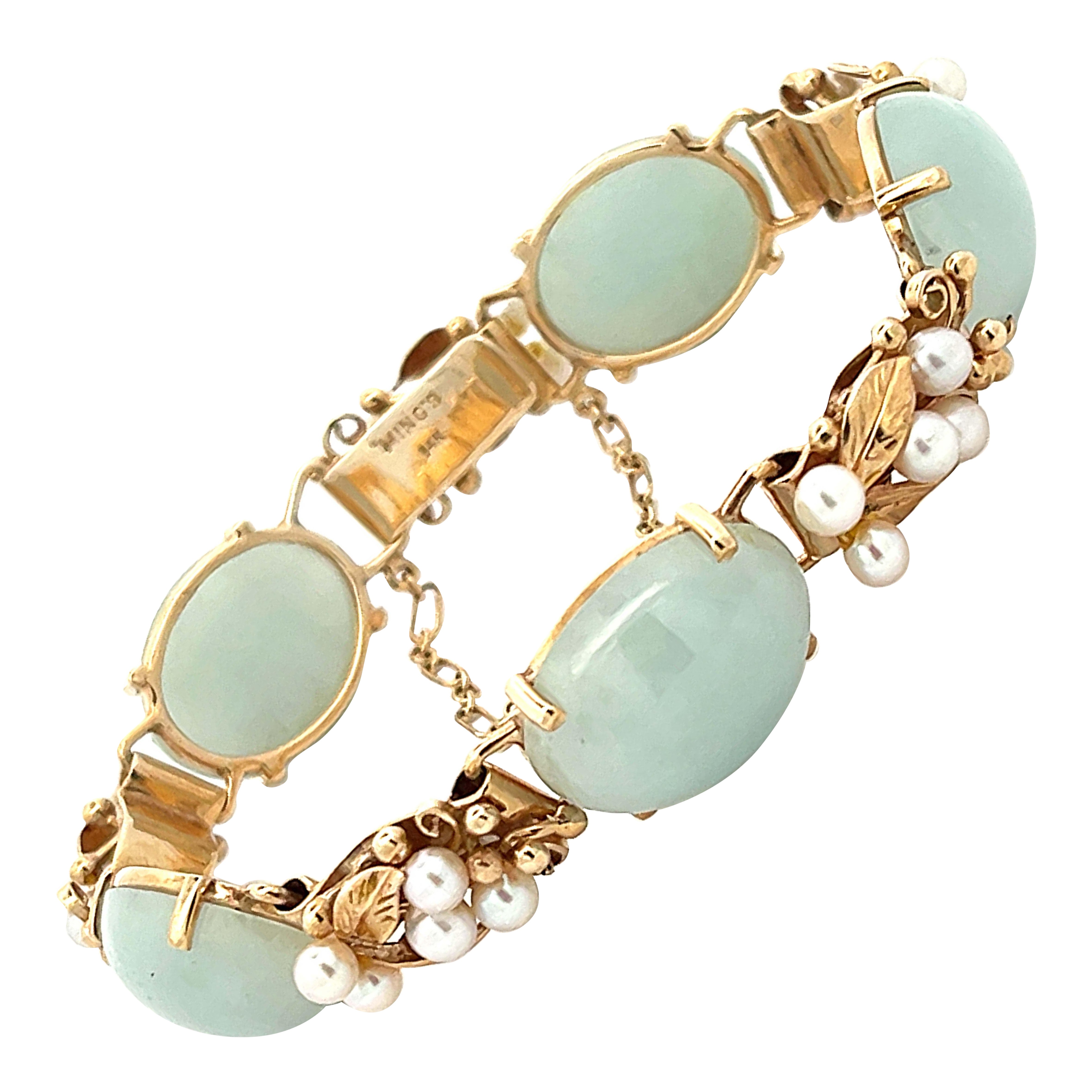 Mings Hawaii Oval Jade and Pearl Leaf Bracelet in 14k Yellow Gold For Sale