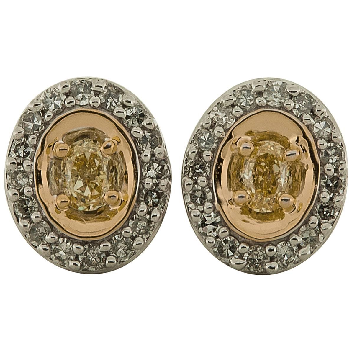 .32 Carats Fancy Yellow Diamonds Two Color Gold Stud Earrings For Sale