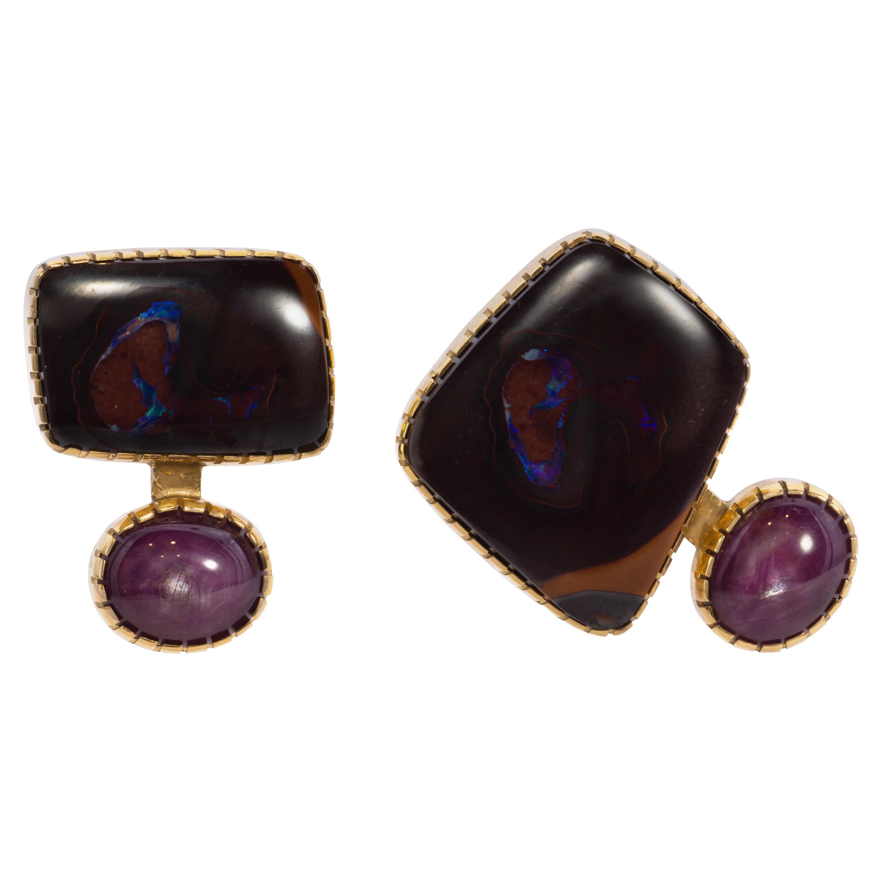 Gail Bird and Yazzie Johnson Yowah Opal and Star Ruby 18 Karat Gold Earrings 