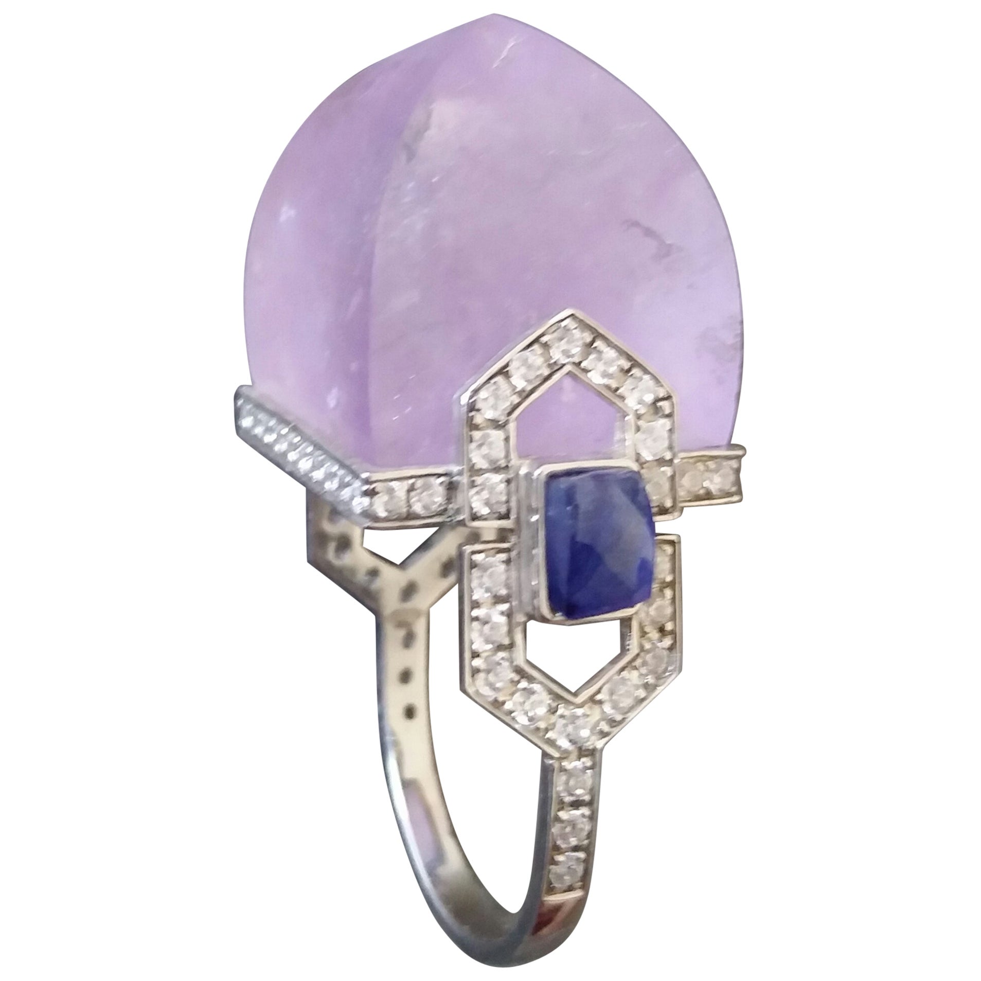 Art Deco Style 14k Gold Diamonds Blue Sapphires Amethyst Pyramid Cocktail Ring