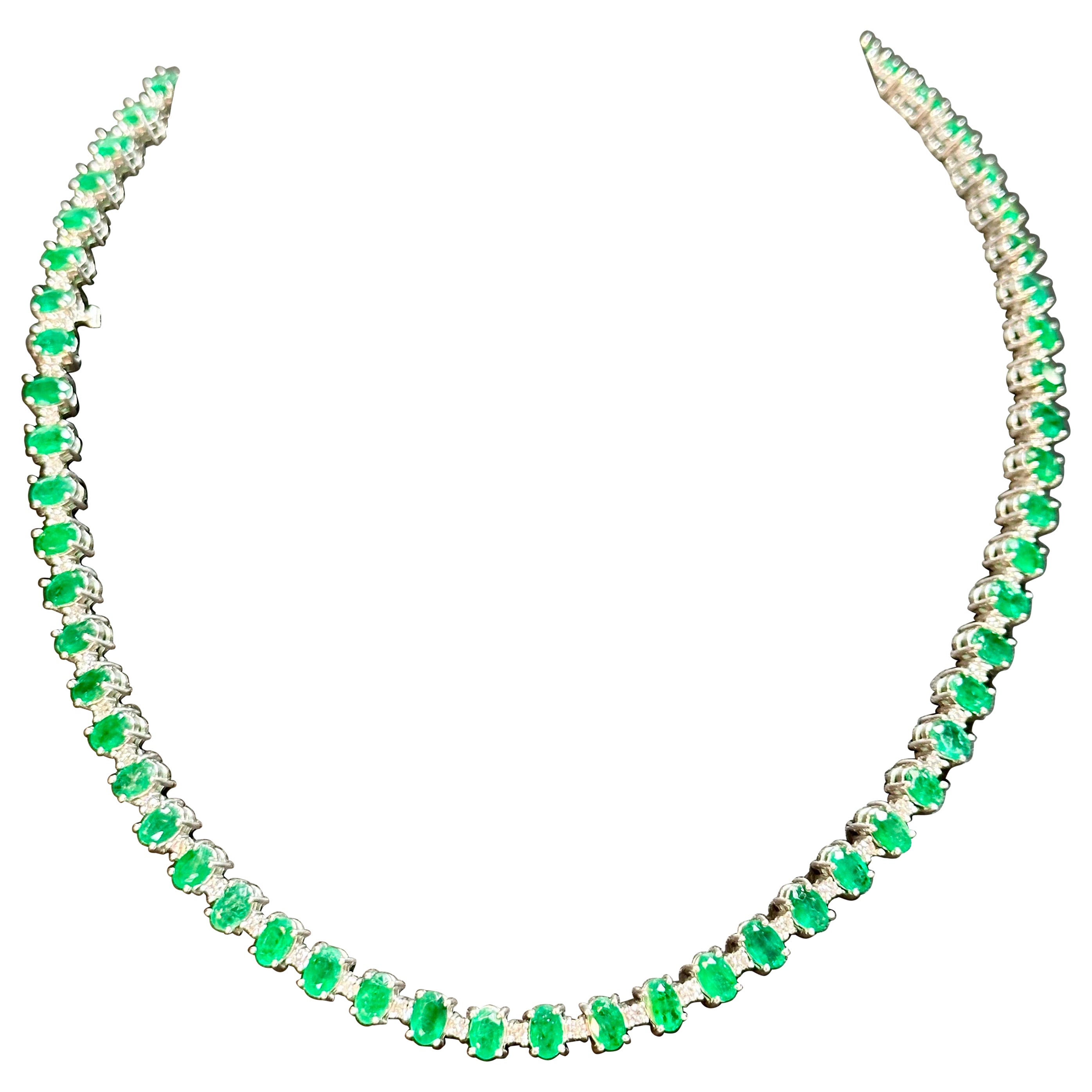 35 Ct Oval Brazilian Emerald & 3 Ct Diamond Tennis Necklace 14KWG 18