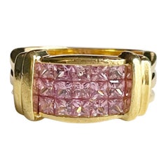 18k Yellow Gold Low Profile Wide Band with Princess Cut Pink Sapphire Ring