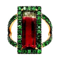 Turmalina sandía natural Tsavorita Anillo 7 14k YG 4.7 TCW Certificado