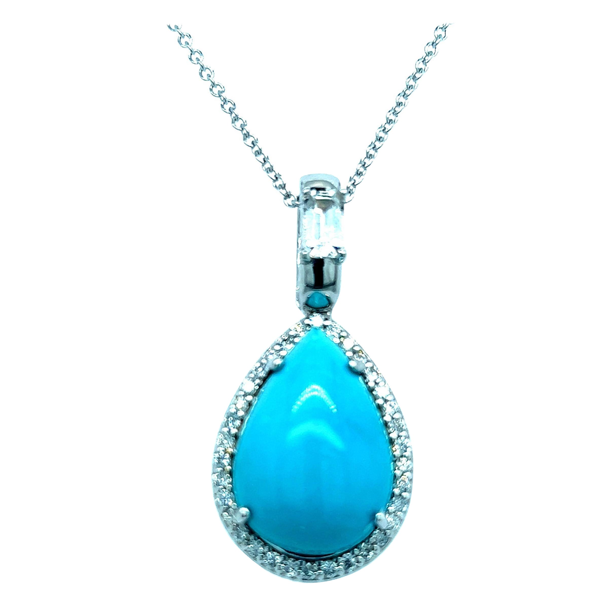 Natural Persian Turquoise Sapphire Diamond Pendant Necklace 14k WG Certified