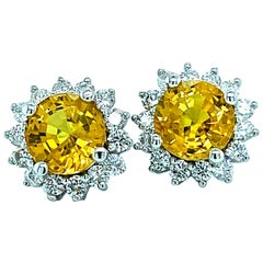 Natural Yellow Sapphire Diamond Stud Earrings 14k WG 4.64 TCW Certified